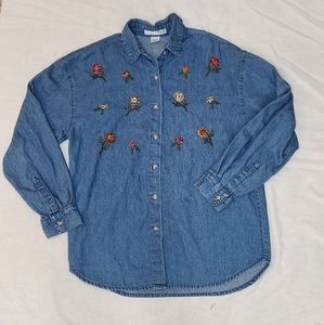 Fall floral embroidered denim button up